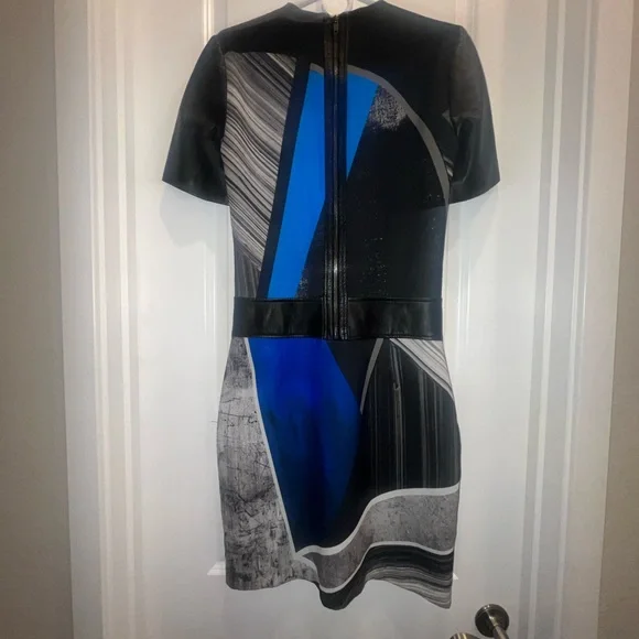 Helmut Lang Fracture Print Dress with Leather Sleeves and Waist Lamb Skin - Picture 3 of 5